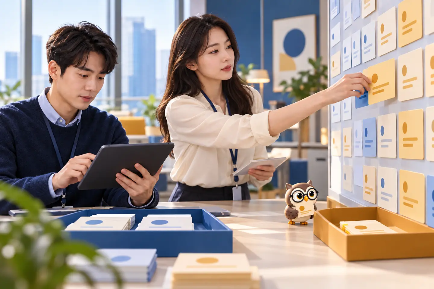 성인 AI 분석가 두 명이 확신 카드를 답변과 보류로 나누고 작은 공식 갈색 안경 올빼미가 낮은 확신 카드를 보류함으로 옮기는 장면