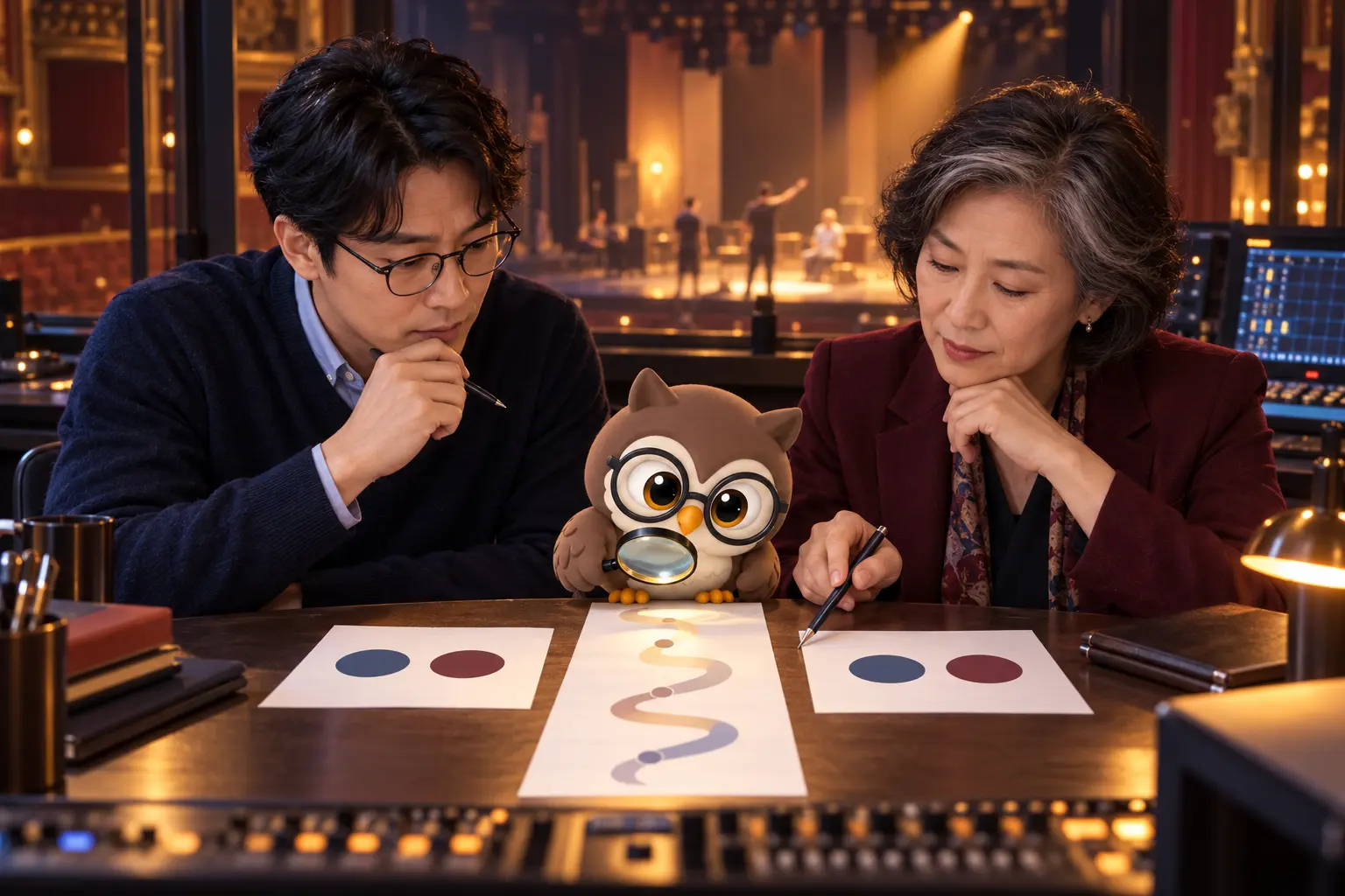 극장 조명 통제실에서 남성 연구자와 여성 감사자가 답변 카드와 추론 리본을 대조하고 둥근 안경을 쓴 LTCT 올빼미 캐릭터가 돋보기로 살피는 장면