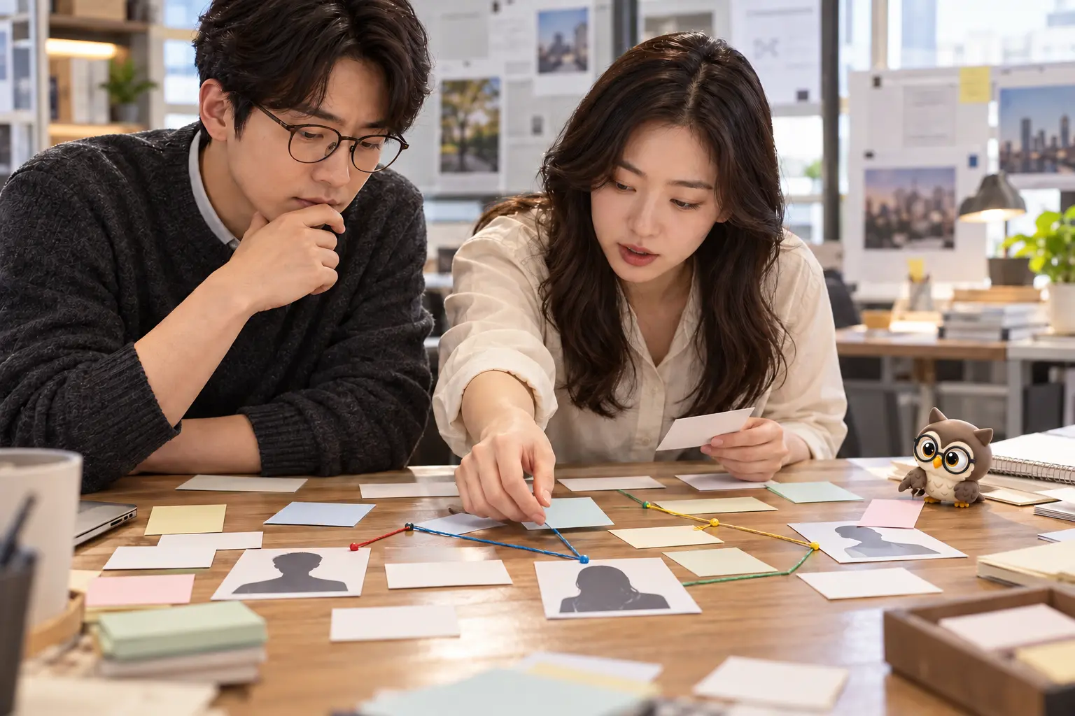 편집실에서 성인 두 명이 인물 카드와 연결 끈을 배치하고 작은 공식 갈색 안경 올빼미가 곁에서 선행사 카드를 옮기는 장면