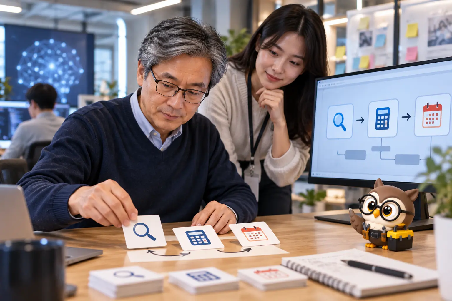 AI 운영실에서 성인 개발자 두 명이 검색 계산 일정 도구 카드를 순서대로 배열하고 LTCT 올빼미가 도구 상자를 든 장면