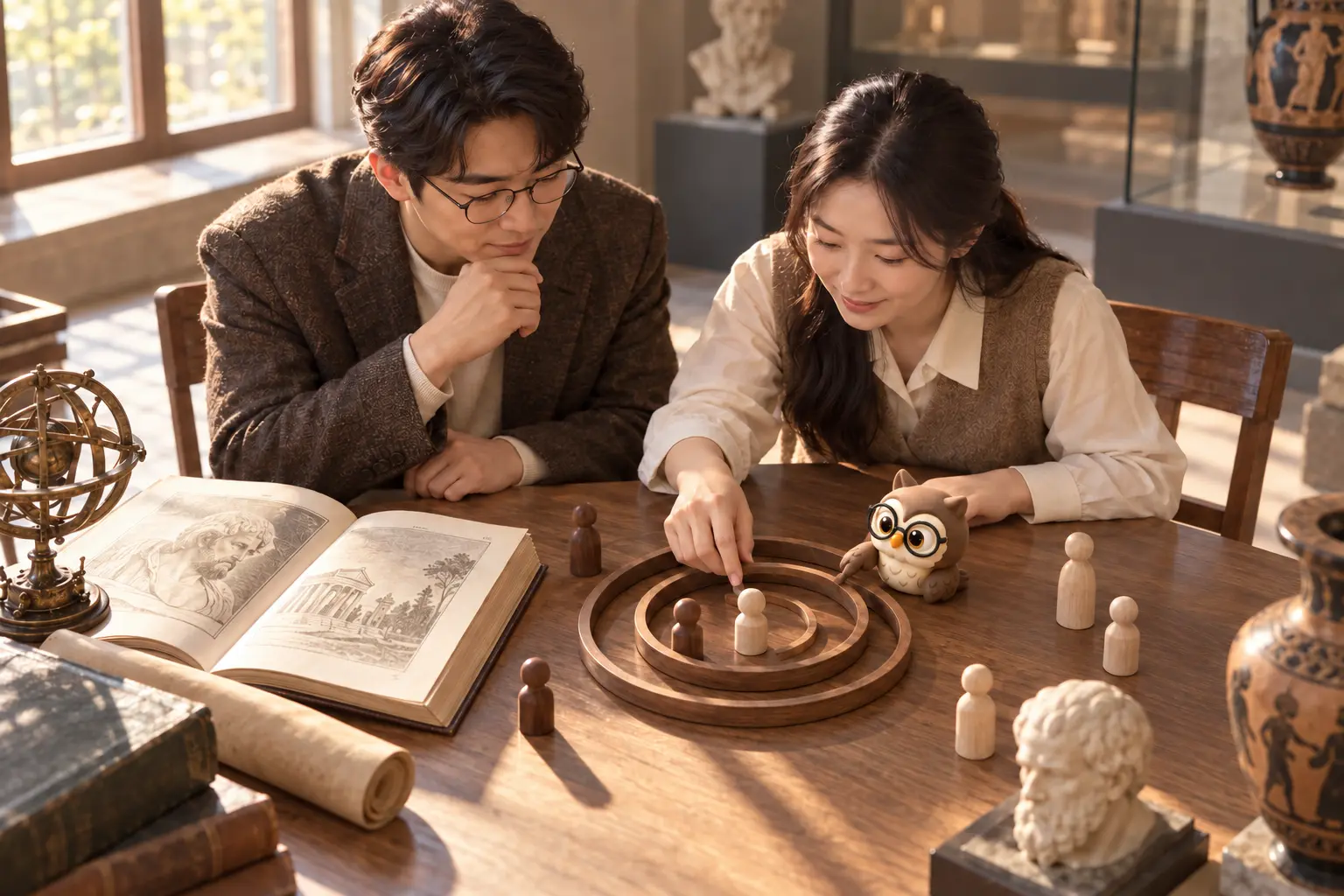 박물관 연구실에서 성인 교육자 두 명이 세 겹 나무 고리와 인물 토큰을 배치하고 작은 공식 갈색 안경 올빼미가 곁에서 중간 고리를 옮기는 장면