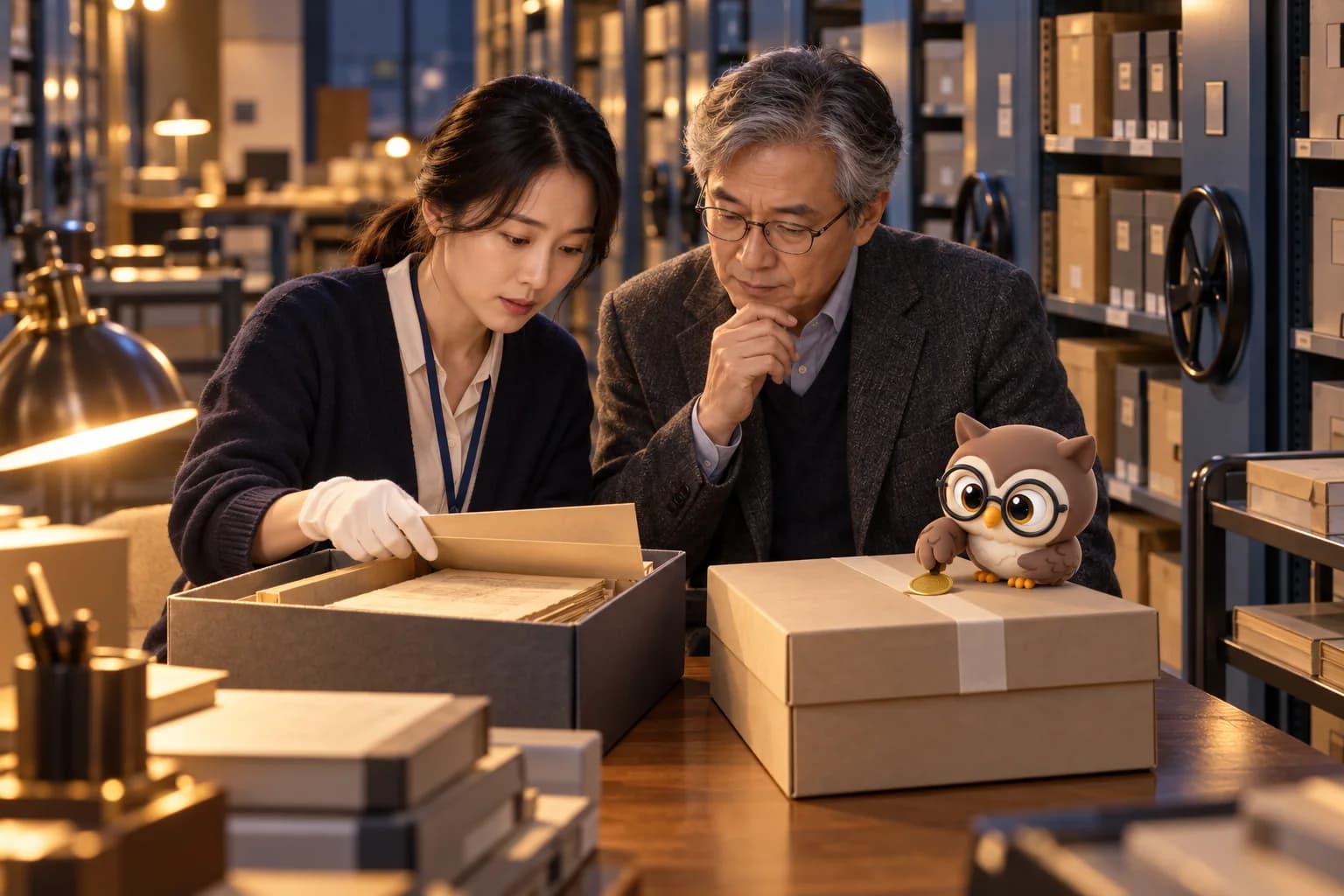 대학 시험 기록 보관소에서 여성 기록 담당자와 남성 교수가 기존 문제 상자와 새 밀봉 상자를 비교하고 LTCT 올빼미가 금색 봉인을 붙이는 장면
