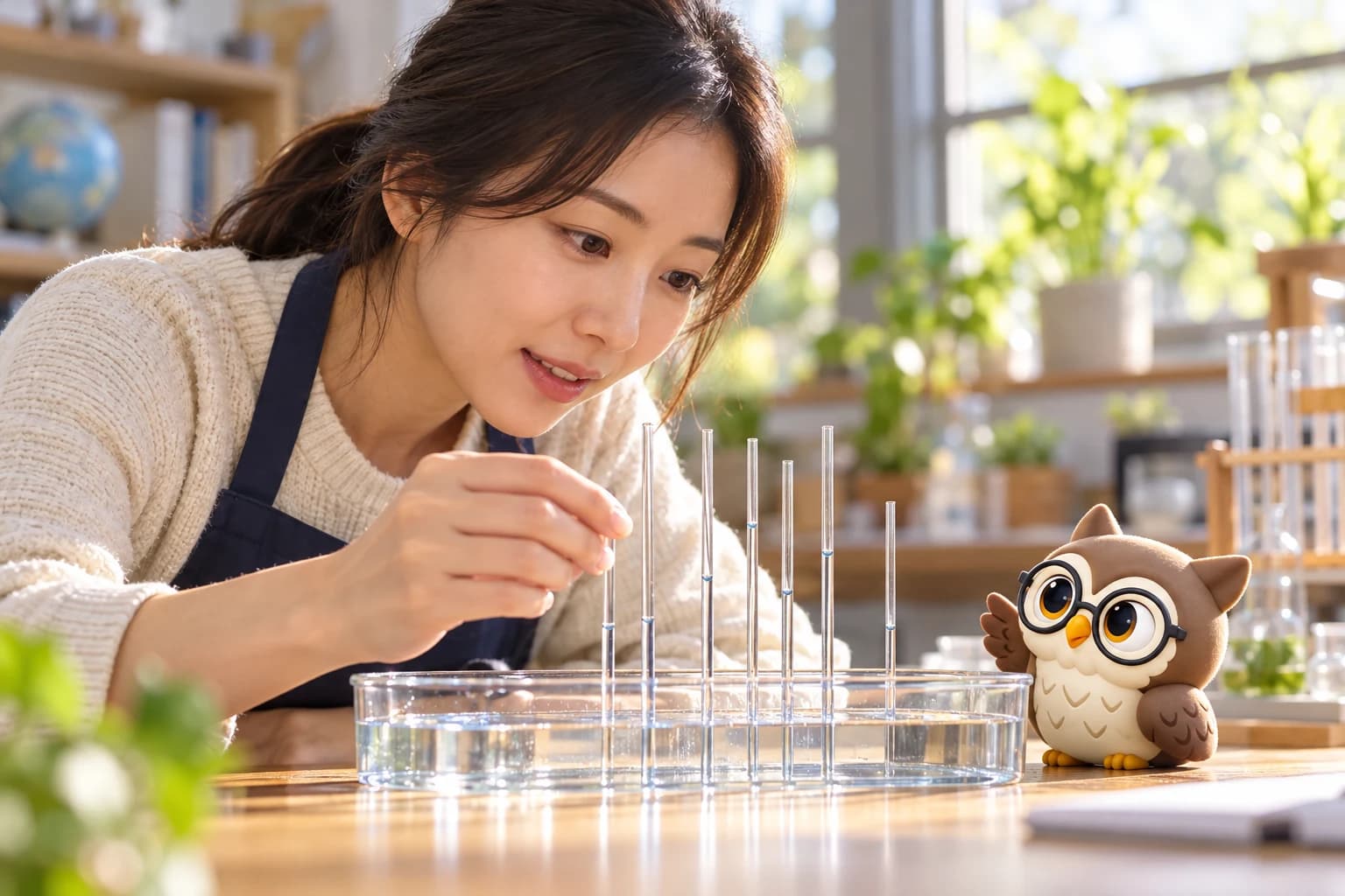 밝은 과학실에서 가는 유리관과 물통을 살펴보는 여성 교사와 곁에서 관찰하는 작은 공식 올리