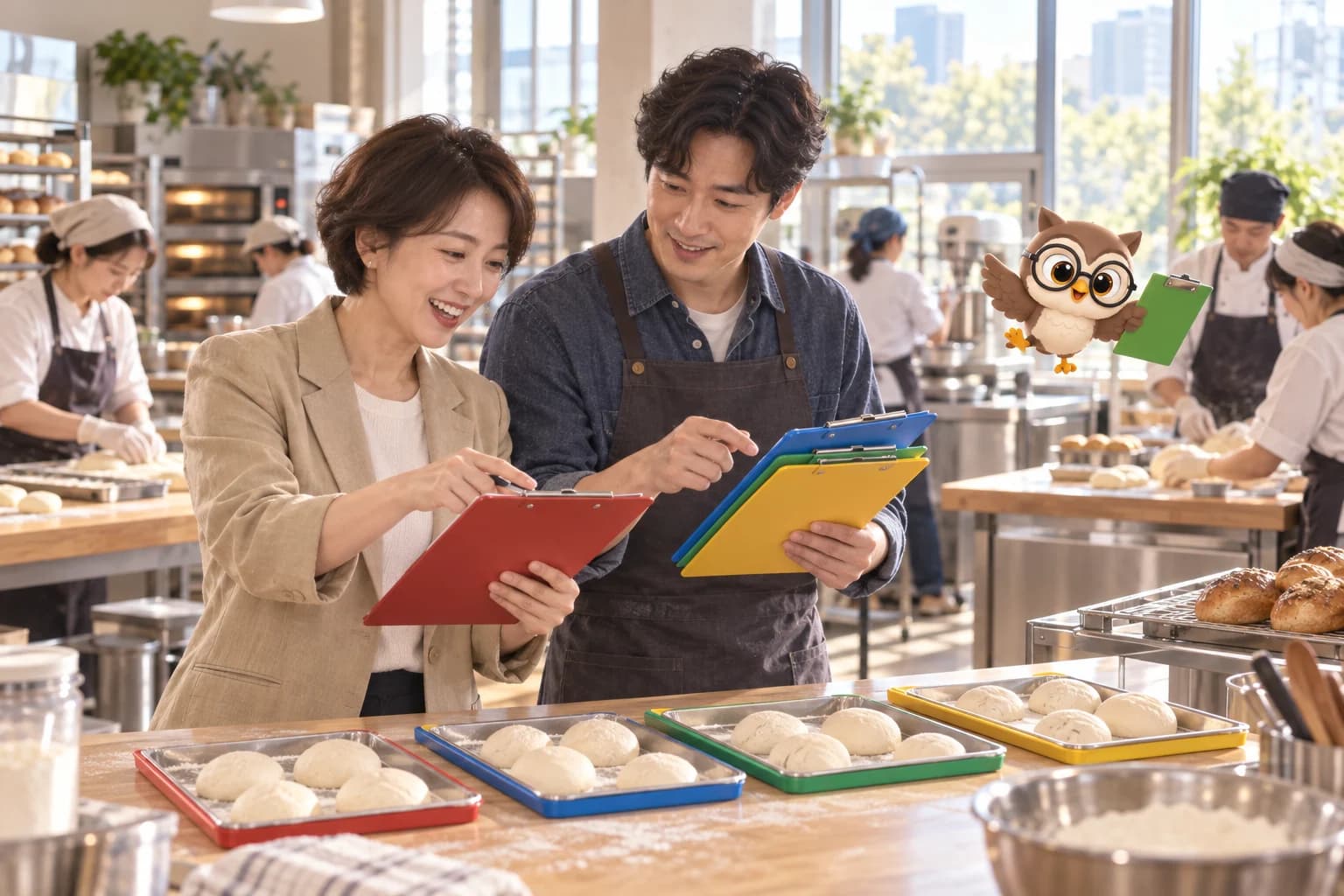 협동 제빵 훈련실에서 성인 교육 연구자 두 명이 네 작업 모둠의 색상 클립보드를 비교하고 둥근 안경의 LTCT 올빼미 캐릭터가 초록 클립보드를 들고 날아가는 장면