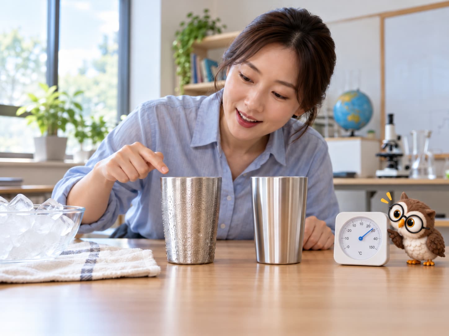 밝은 과학 교실에서 성인 여성이 차가운 유리컵 겉면의 물방울을 관찰하고 작은 갈색 안경 올빼미가 습도계 옆에 있는 장면