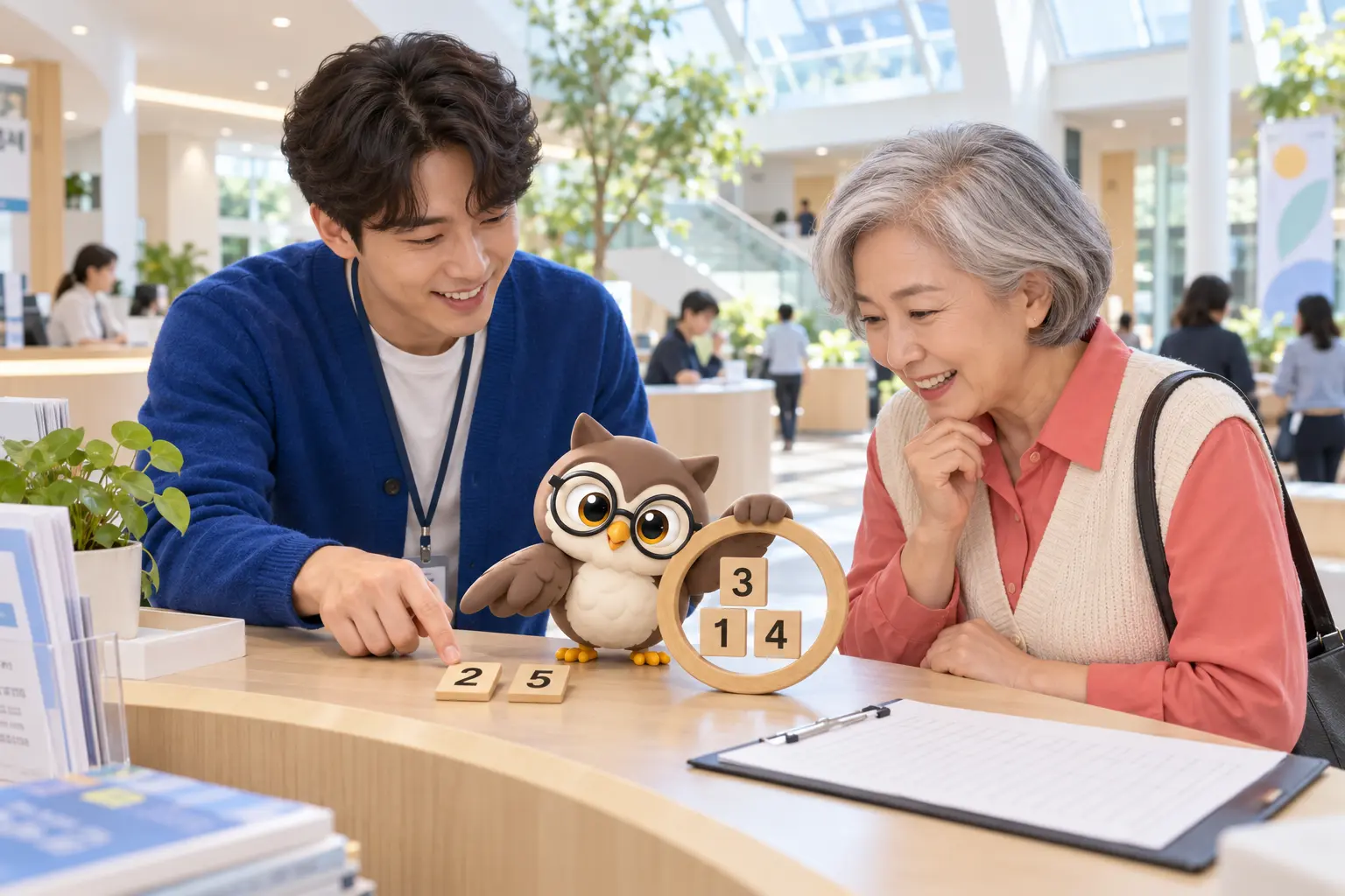 평생학습관 안내대에서 젊은 남성과 은발 여성이 수료 기록을 살피고 안경 쓴 LTCT 올빼미 캐릭터가 숫자 타일을 감싼 나무 고리를 드는 장면