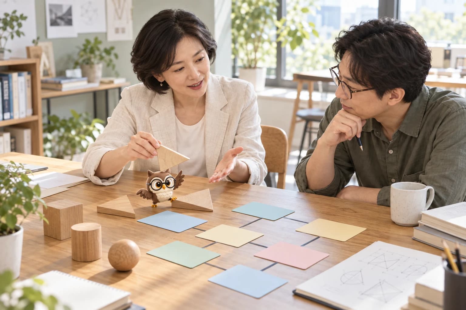교수와 성인 학습자가 도형의 관계를 살펴보고 작은 올빼미가 날개를 펼치는 장면