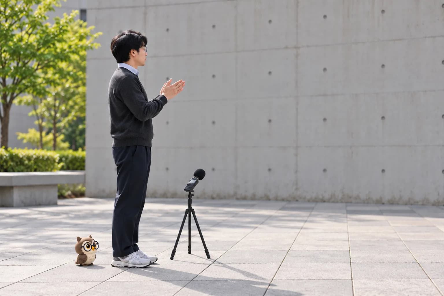 마당에서 벽을 향해 박수를 치는 남성, 삼각대 위 녹음기와 발치의 작은 공식 올리