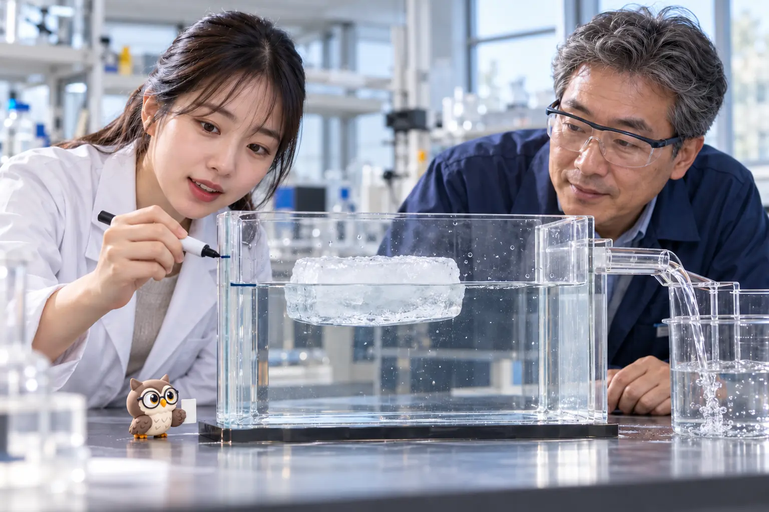 밝은 주방 실험대에서 성인 두 명이 물에 뜬 얼음과 수면선을 관찰하고 작은 갈색 안경 LTCT 올빼미가 곁에서 표시 카드를 옮기는 장면