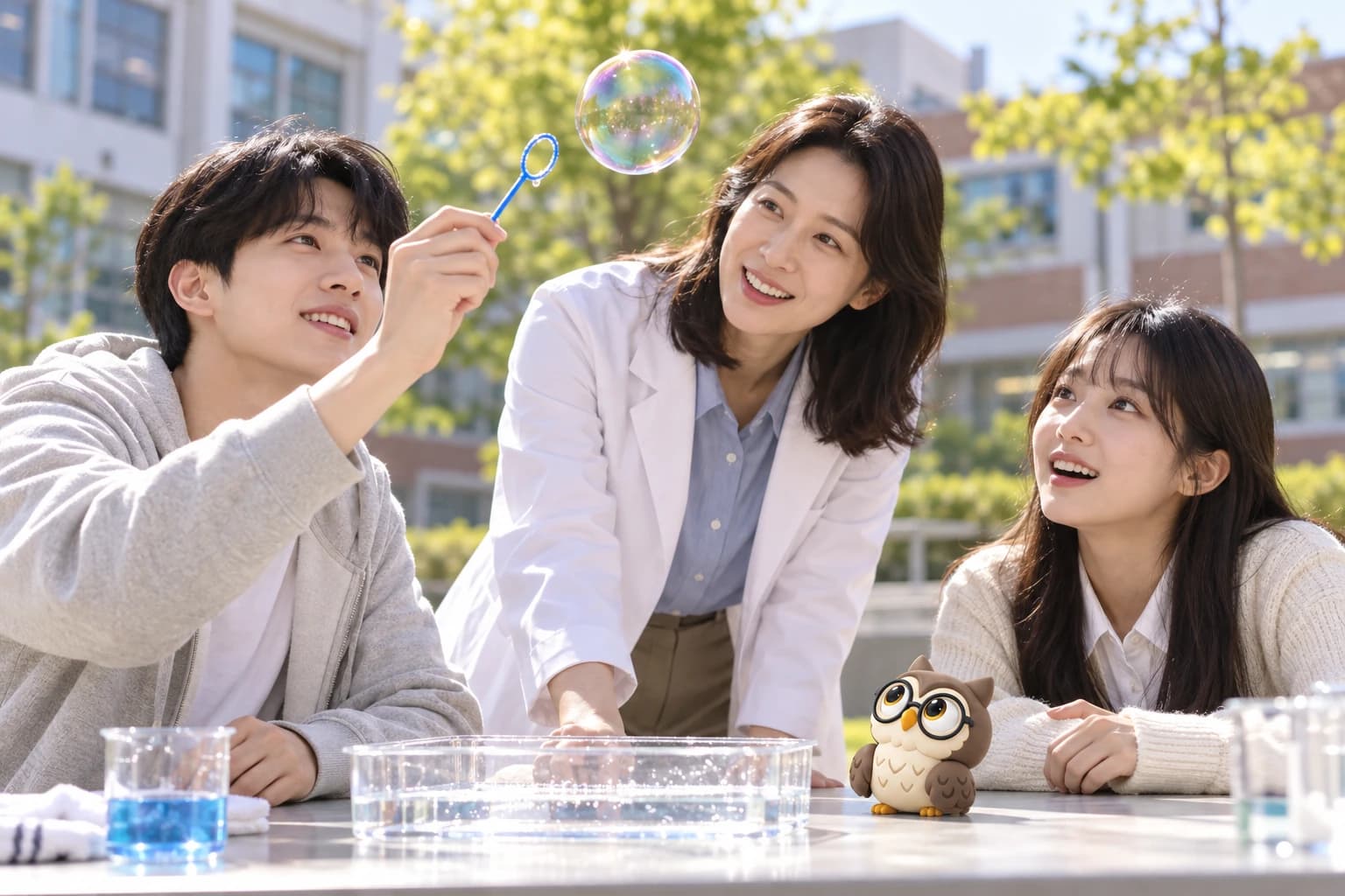 햇빛이 드는 학교 마당에서 교사와 학생들이 비누방울을 관찰하고 작은 갈색 안경 올리가 날개를 모은 채 방울을 올려다보는 모습