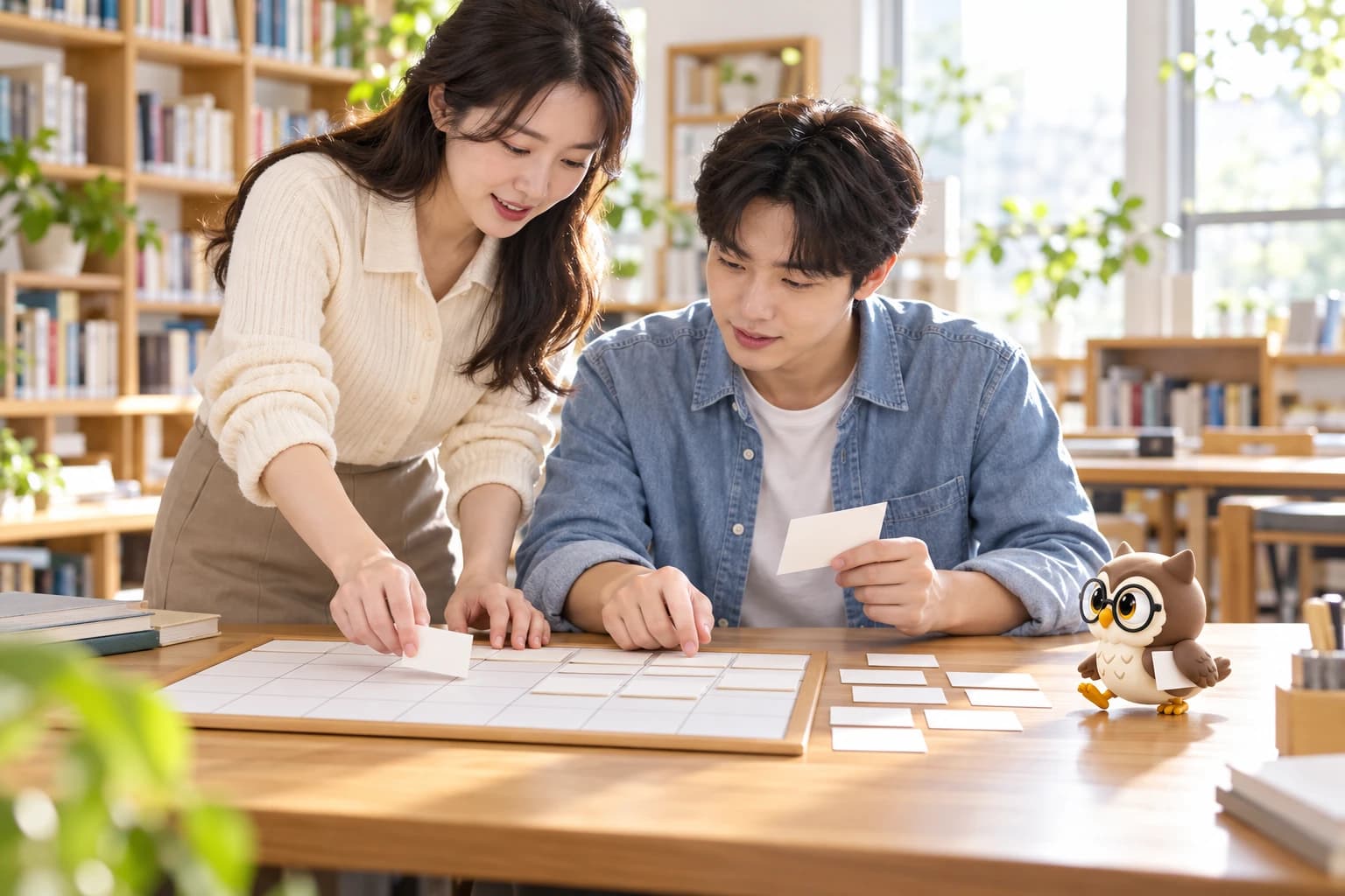 햇빛이 드는 학습실에서 교사와 학생이 달력 카드를 비교하고 작은 갈색 안경 올리가 한쪽 날개에 카드를 끼운 채 옆으로 걸어가는 모습