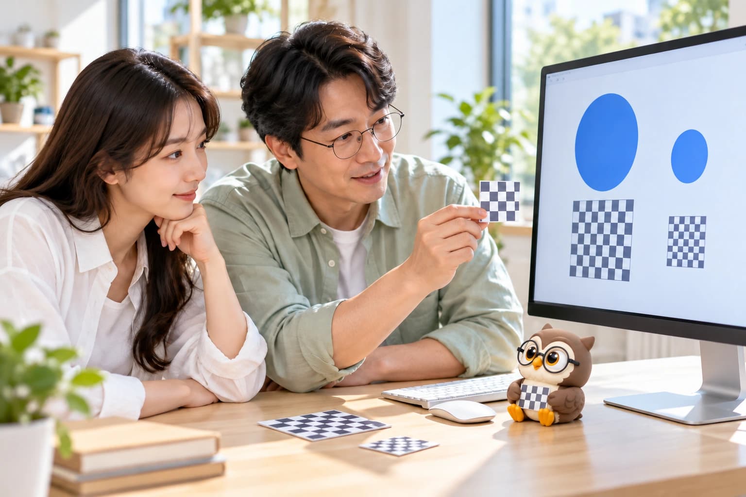 프로그래밍 교실에서 두 사람이 격자 카드와 모니터의 도형을 비교하고, 작은 올리가 발을 앞으로 뻗고 앉아 격자 카드를 안고 있는 장면