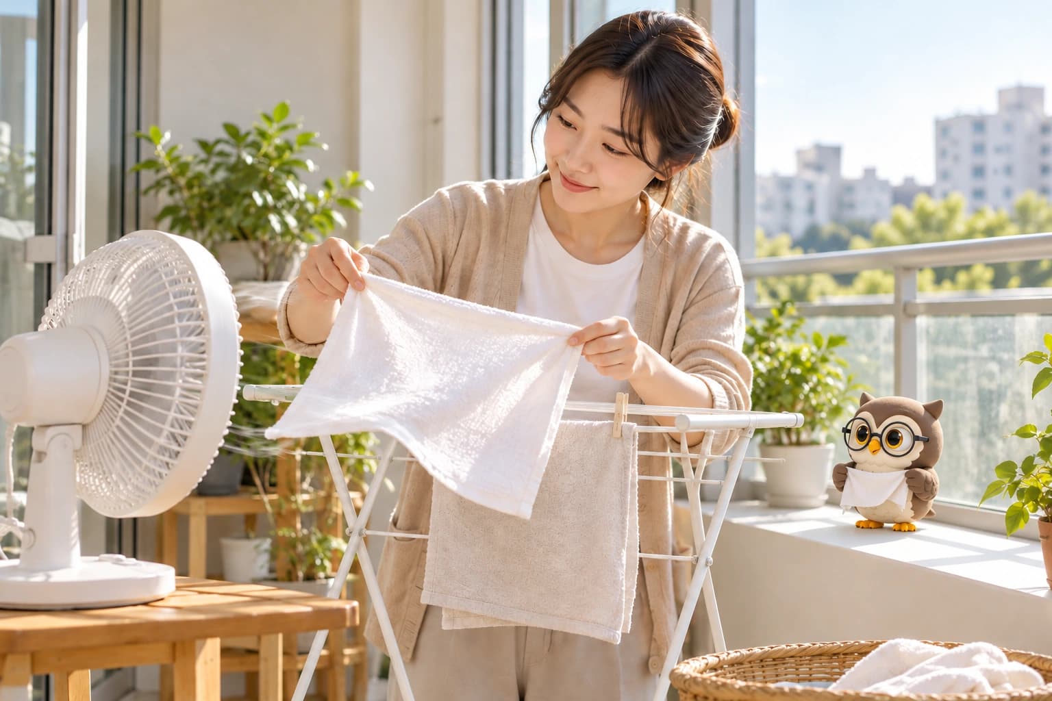 햇빛이 드는 실내 발코니에서 여성이 선풍기 앞에 수건을 펼쳐 들고, 작은 올리가 창가에서 두 날개로 작은 천을 들고 있는 장면