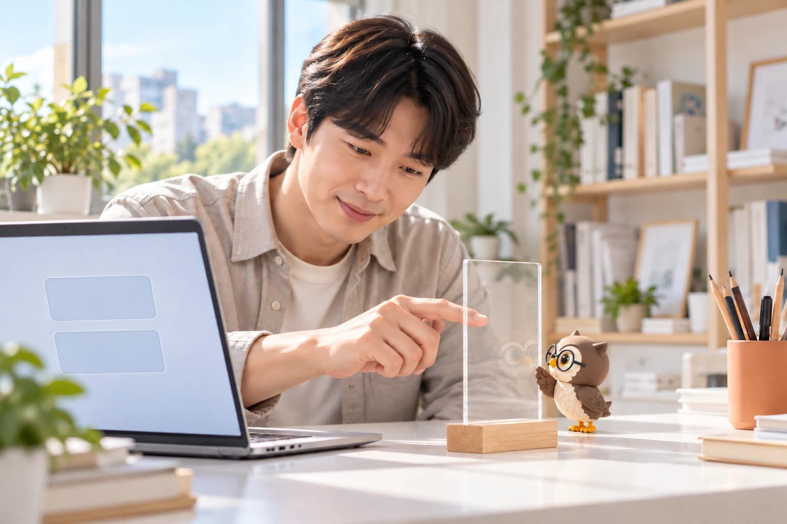 디자인 작업실에서 남성이 노트북 옆 투명한 판을 가리키고, 작은 올리가 옆모습으로 서서 한쪽 날개를 판에 대고 있는 장면