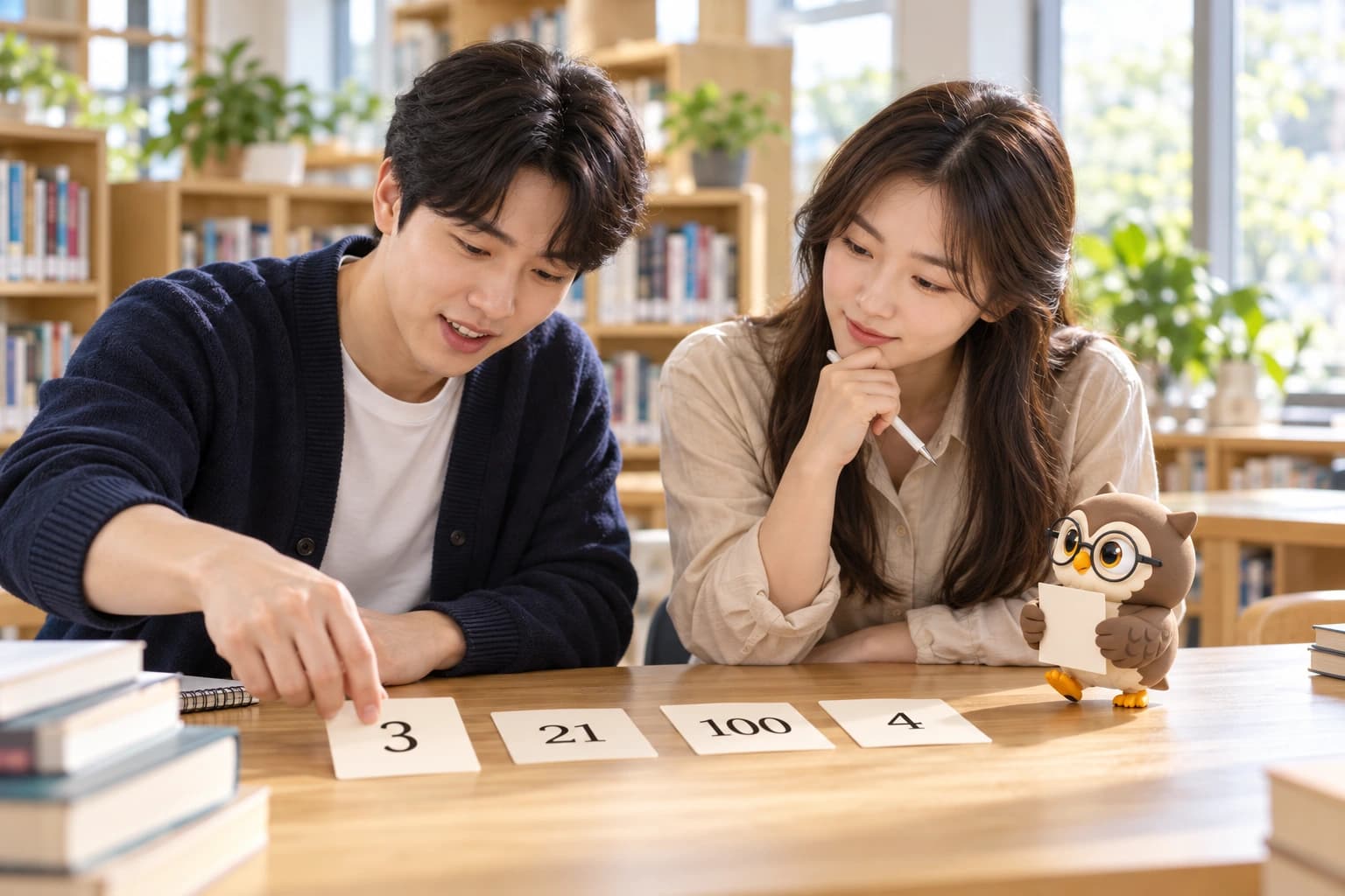 도서관에서 두 사람이 3, 21, 100, 4가 적힌 숫자 카드를 살피고, 작은 올리가 두 날개로 빈 카드를 든 채 한 발을 내딛는 장면