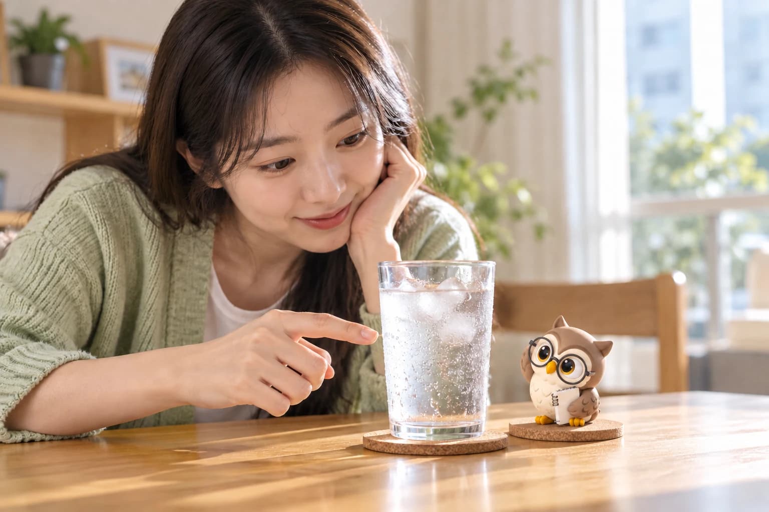 여성이 차가운 물잔의 바깥 물방울을 살피고, 옆의 작은 공식 올리가 고개를 기울인 채 작은 노트를 들고 있는 장면