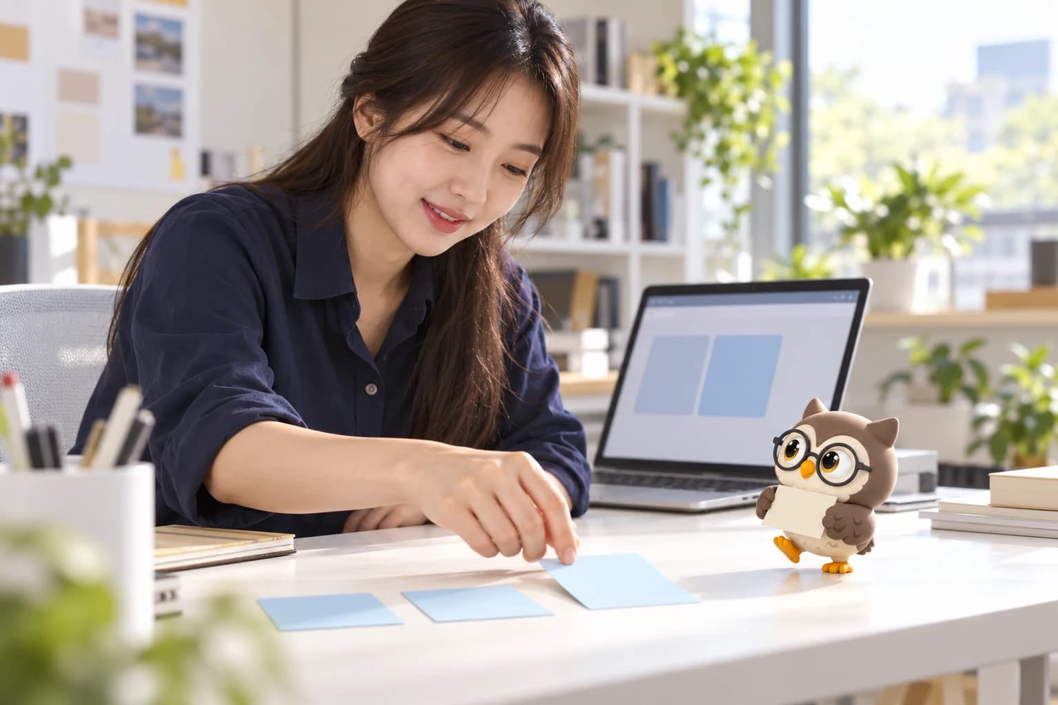 개발자가 카드 두 개 옆에 새 카드를 놓고, 작은 공식 올리가 빈 카드를 두 날개로 들고 한 발을 내딛는 장면