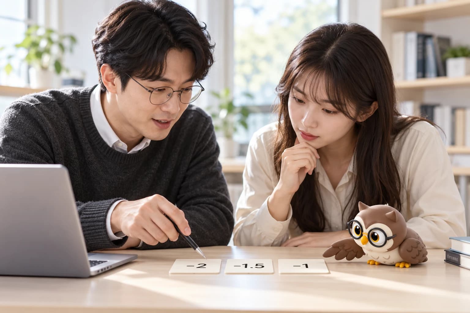 두 사람이 −2, −1.5, −1 숫자 카드를 비교하고, 작은 공식 올리가 몸을 낮추고 한쪽 날개로 숫자선을 살피는 장면