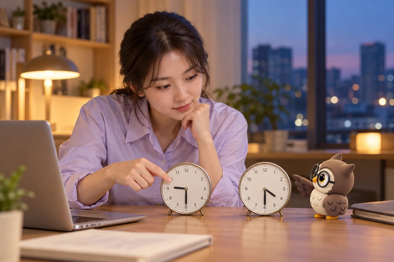 연구자가 두 탁상시계의 시각을 비교하고, 작은 공식 올리가 옆모습으로 한쪽 날개를 들어 시계를 가리키는 장면