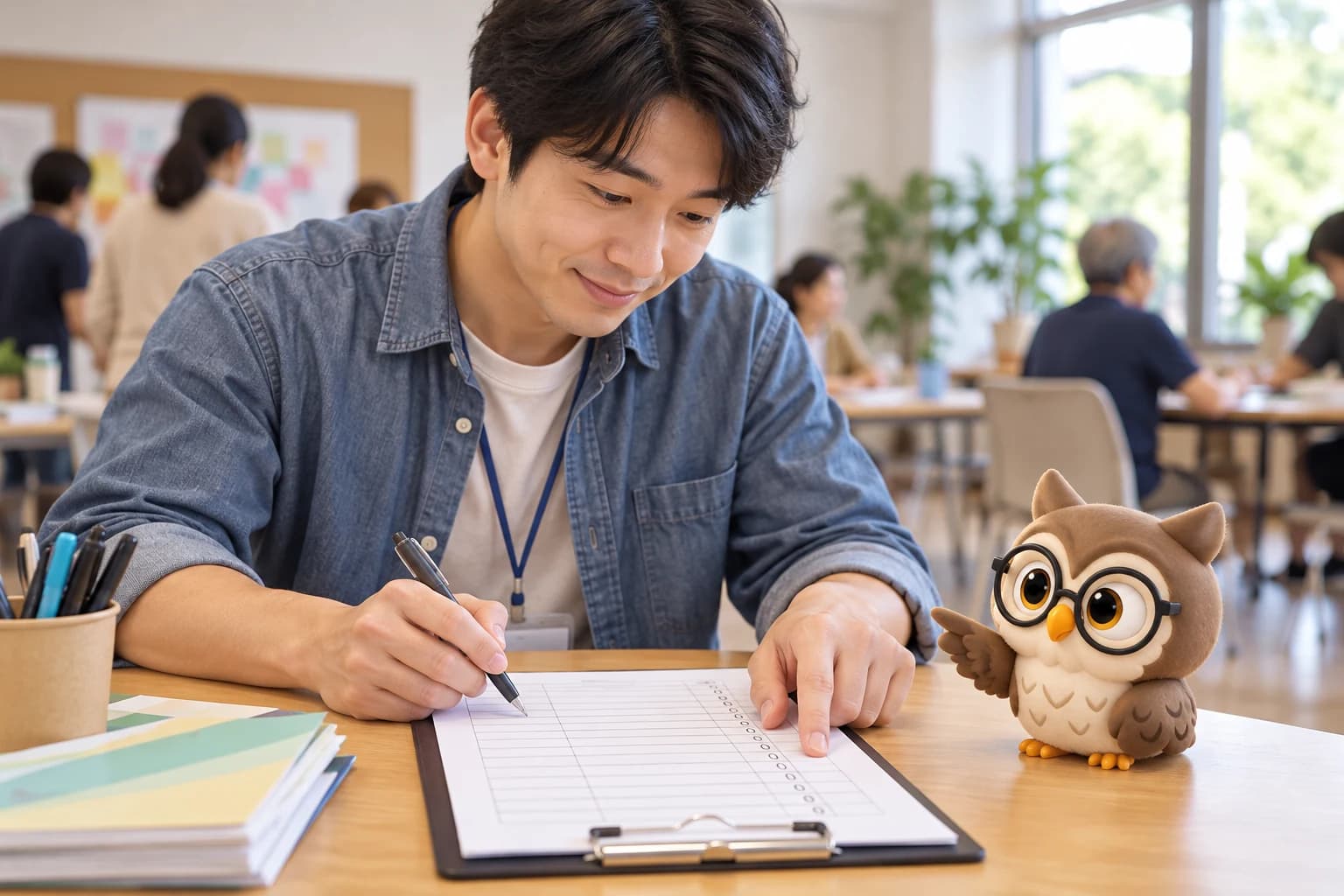 밝은 공방에서 가상 신청 인원 기록을 확인하는 남성과 기록지를 함께 살펴보는 작은 공식 올리