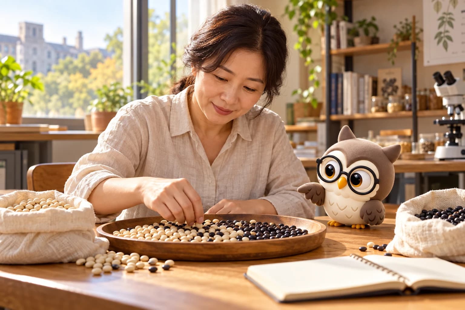 흰콩과 검은 콩을 두 주머니 옆에서 살펴보는 여성 연구자와 손동작을 바라보는 작은 공식 올리
