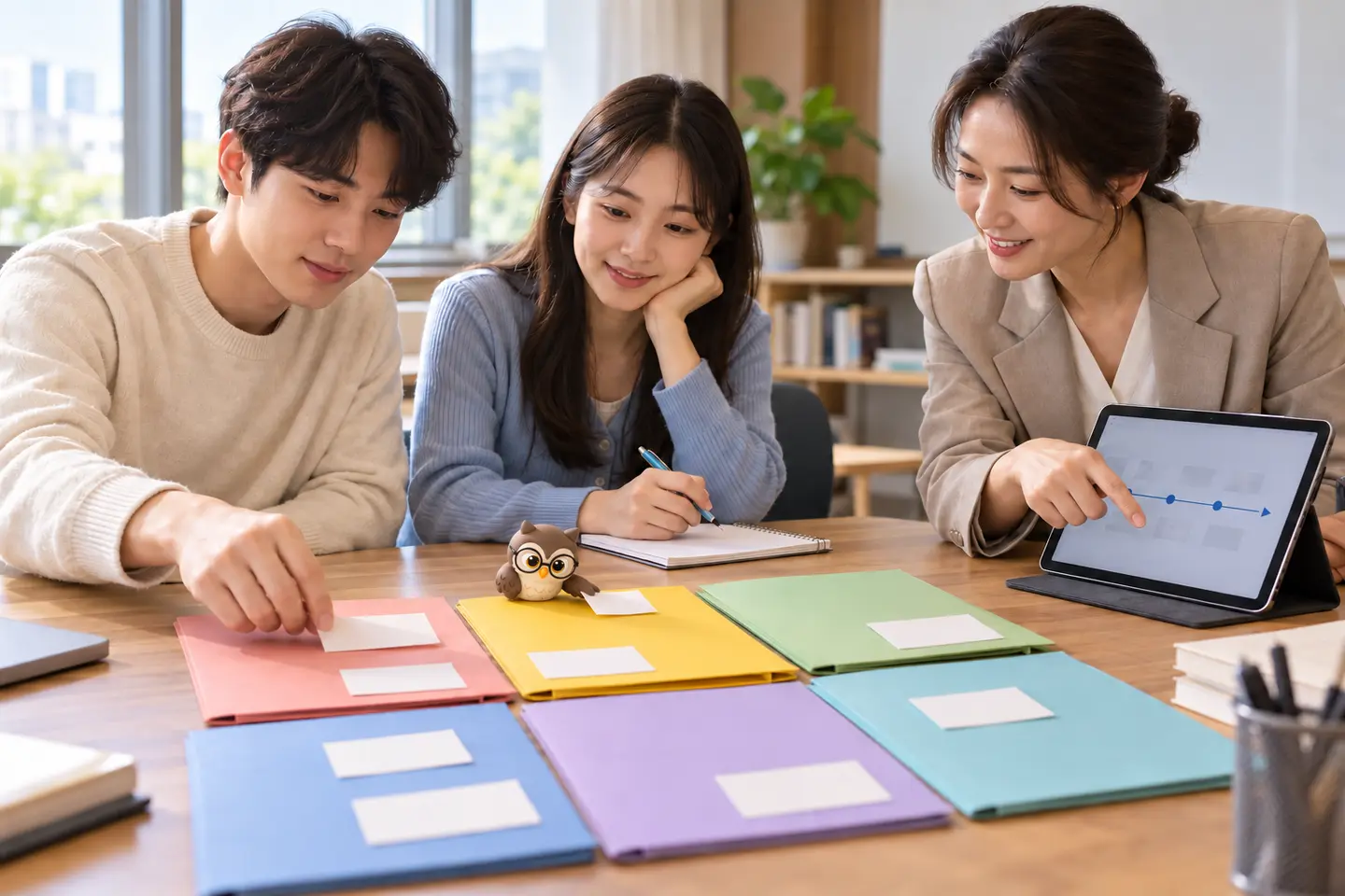 성인 대학생 두 명과 교사가 여섯 주제 폴더에 사전질문 카드를 배치하고 작은 공식 갈색 안경 올빼미가 비어 있는 주제로 카드를 밀어 주는 장면