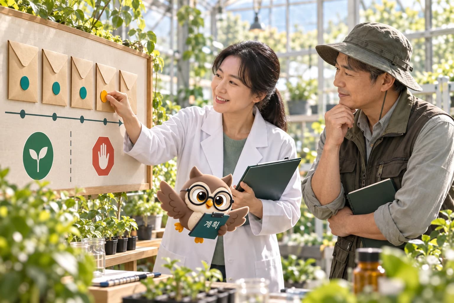 햇빛 드는 온실 연구소에서 여성 생물통계학자와 남성 현장 연구자가 다섯 관측 봉투가 놓인 시간표를 살피고 둥근 안경의 LTCT 올빼미 캐릭터가 계획판을 들고 날아오는 장면