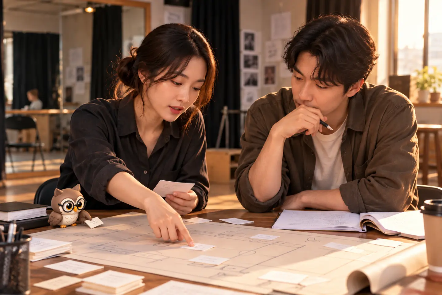 연극 연습실에서 성인 두 명이 무대 위치 카드와 대사를 비교하고 작은 공식 갈색 안경 올빼미가 관점 카드를 옮기는 장면
