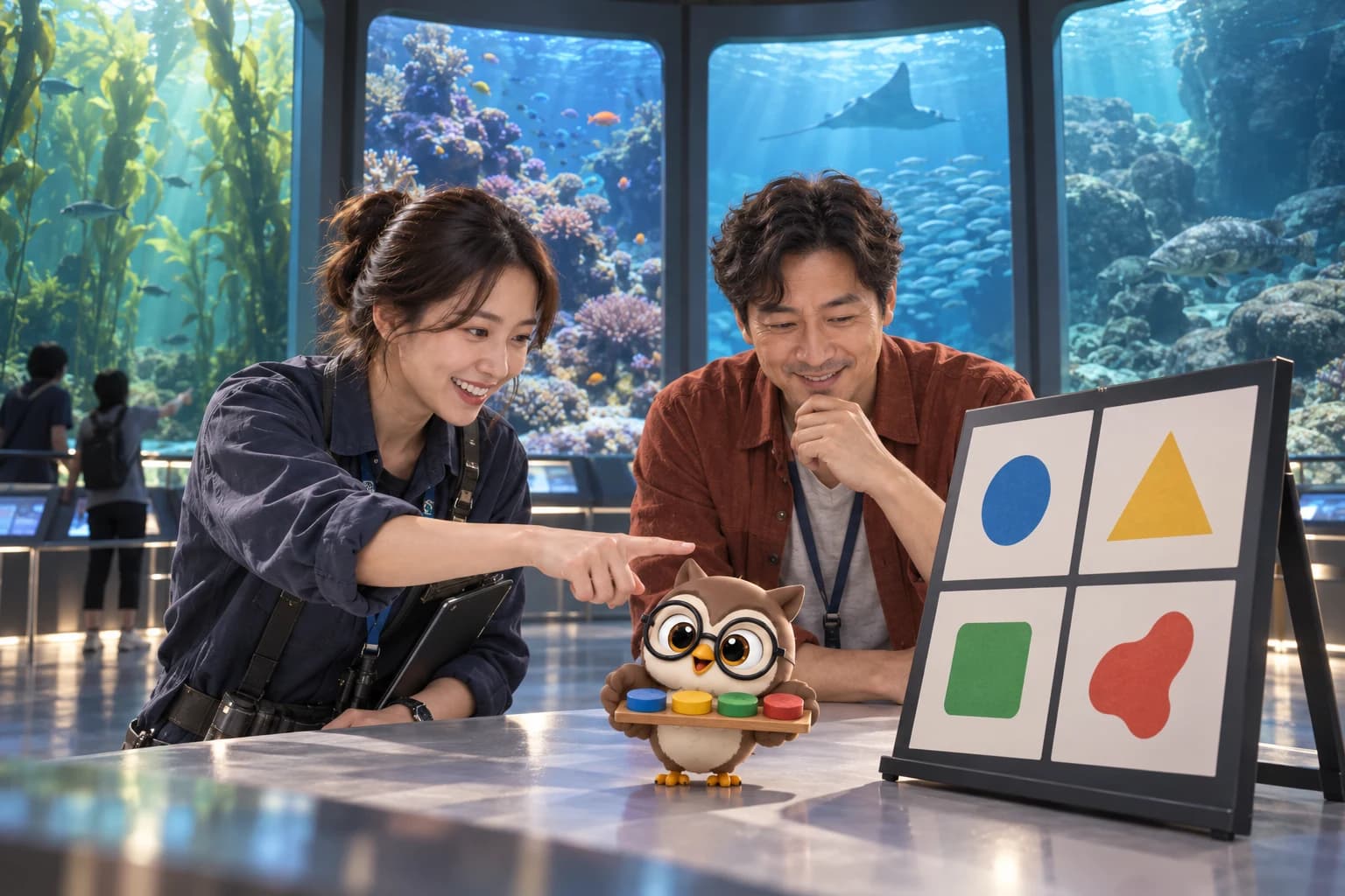 수족관 운영 전시실에서 여성 해양생물학자와 남성 AI 평가자가 네 환경 패널을 비교하고 둥근 안경을 쓴 LTCT 올빼미 캐릭터가 네 색 토큰을 받쳐 드는 장면