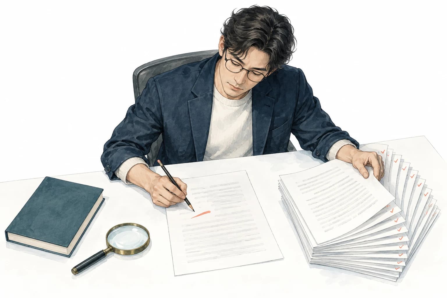생각그림 1 · 검토한 원고 전체를 다시 바라보는 현대 저자의 상상 장면이다. 매킨슨이나 와일더의 실제 집필 현장을 재현하지 않았다.
