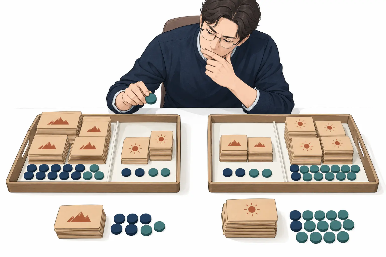 생각그림 1 · 서로 다른 난이도 구성 때문에 부분 순위와 전체 순위가 뒤집히는 현대적 상상 장면이다. 실제 연구 현장을 재현하지 않았다.