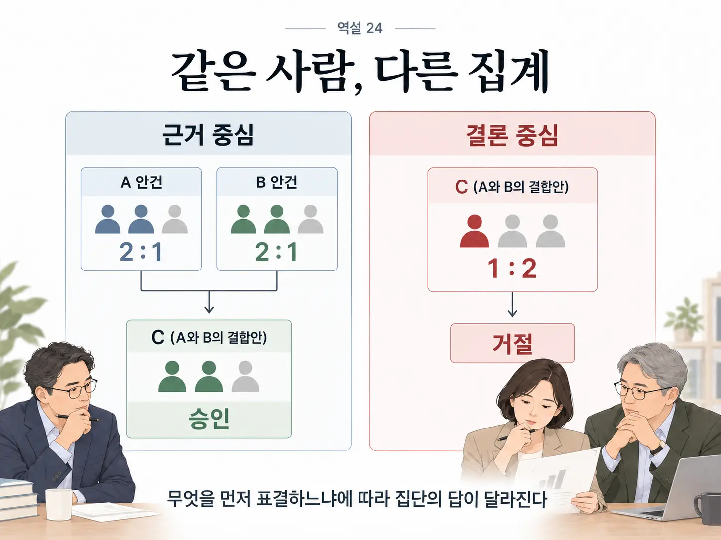 생각그림 7 · 같은 한국인 심사자들의 판단도 근거와 결론 중 무엇을 먼저 집계하느냐에 따라 승인과 거절로 갈라진다.