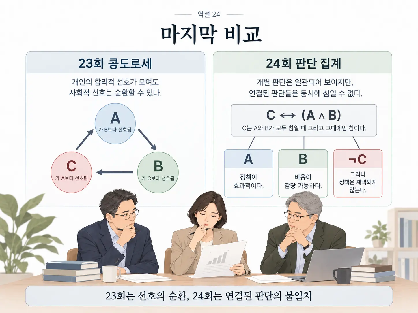 생각그림 15 · 콩도르세는 선호의 순환, 판단 집계는 연결된 명제들의 불일치를 다루며 같은 인물 그림으로 두 구조를 비교한다.