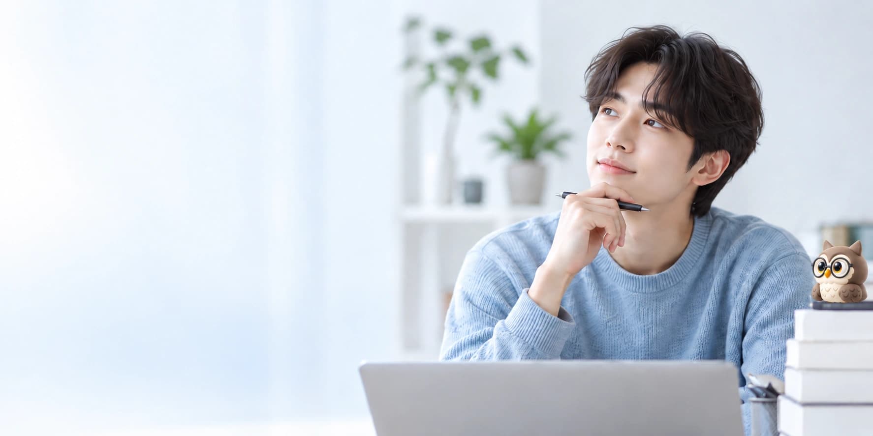 노트북 앞에서 학습 지도를 살펴보는 사람과 책 위에서 함께 바라보는 작은 안경 쓴 갈색 올빼미