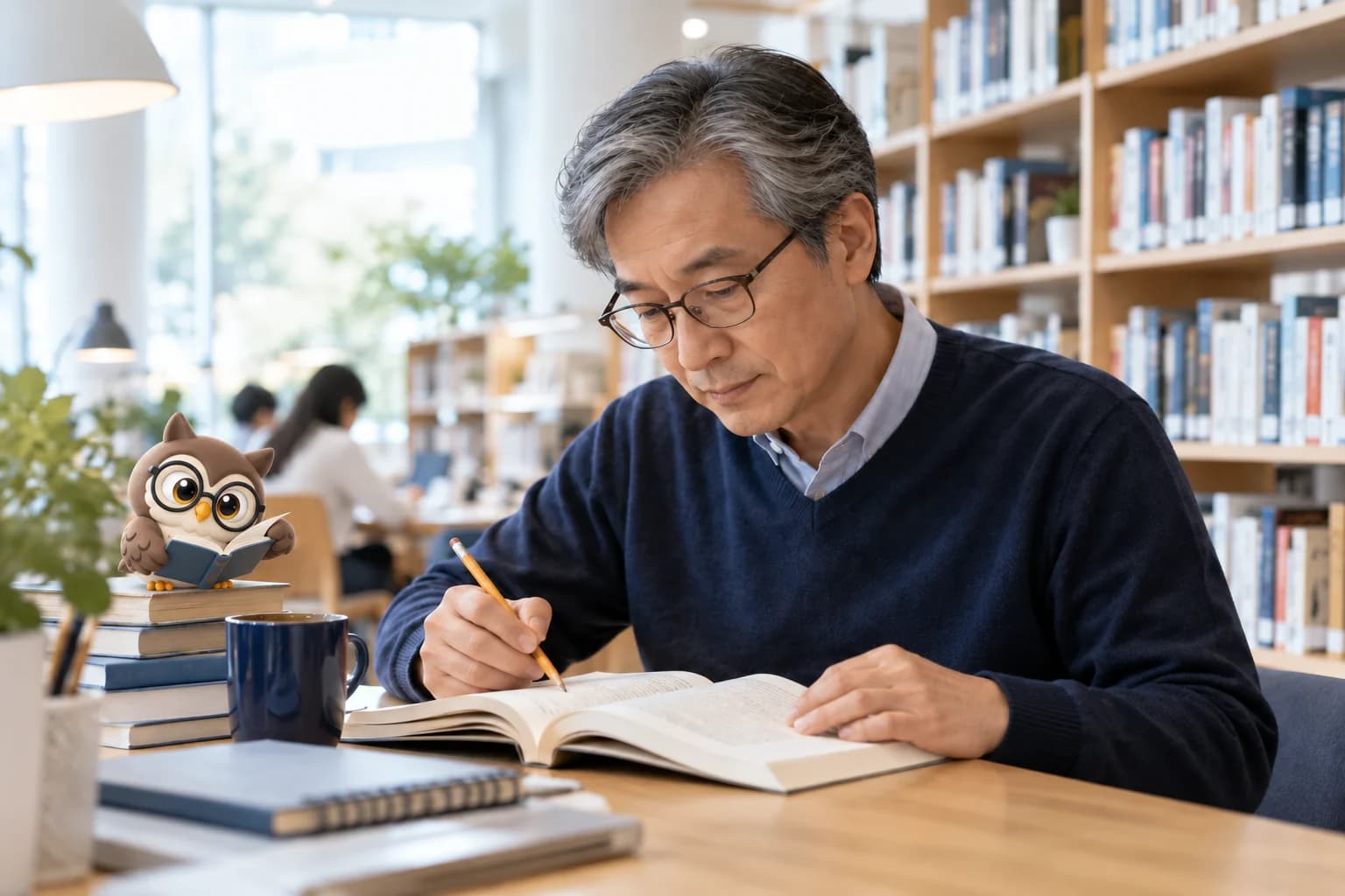 도서관에서 책을 읽으며 중요한 부분을 표시하는 성인 학습자