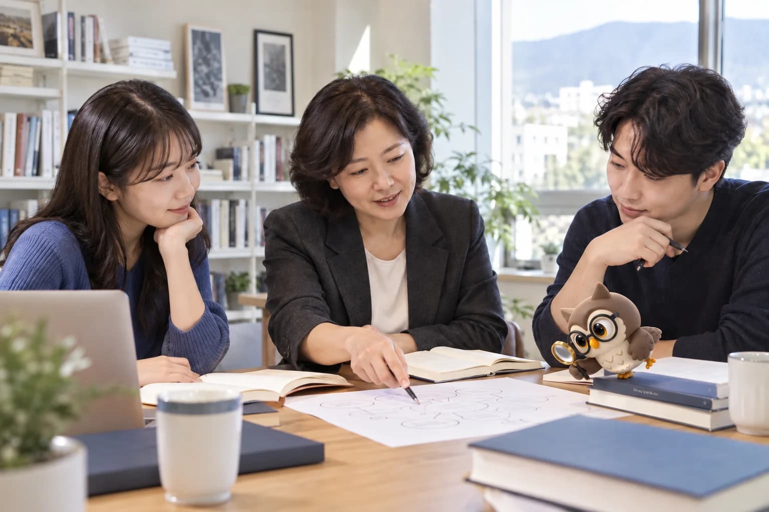 함께 자료와 도표를 살펴보며 의견을 나누는 다양한 세대의 연구자들