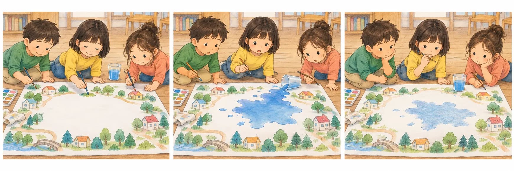 친구들과 함께 그림을 그리다가 파란 물을 쏟고, 파란 자국을 보며 생각하는 세 장면