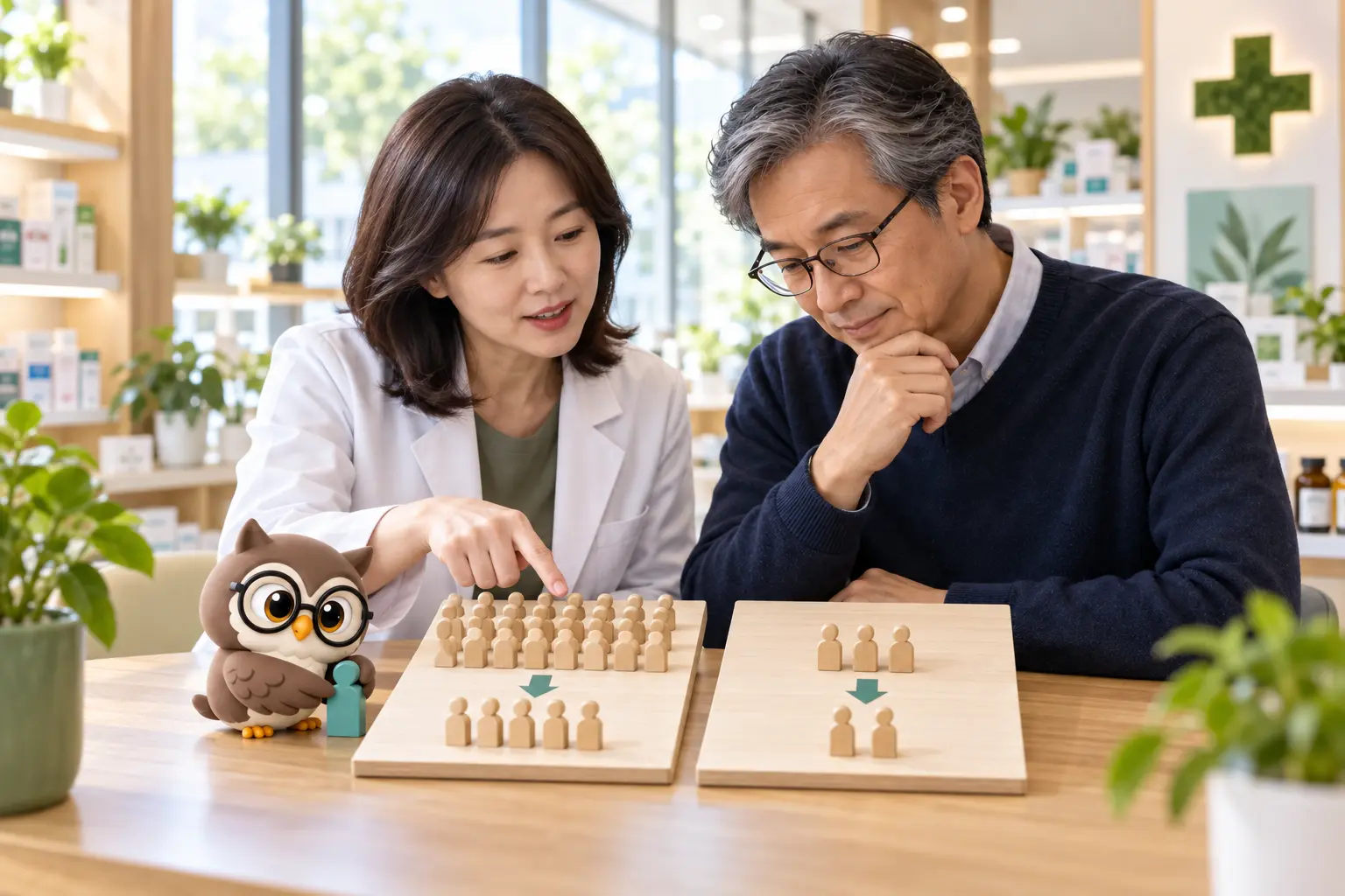 지역 약국 상담실에서 여성 약사와 남성 분석가가 기준 위험이 다른 두 사람 토큰 판을 비교하고 둥근 안경을 쓴 LTCT 올빼미 캐릭터가 청록 토큰을 옮기는 장면