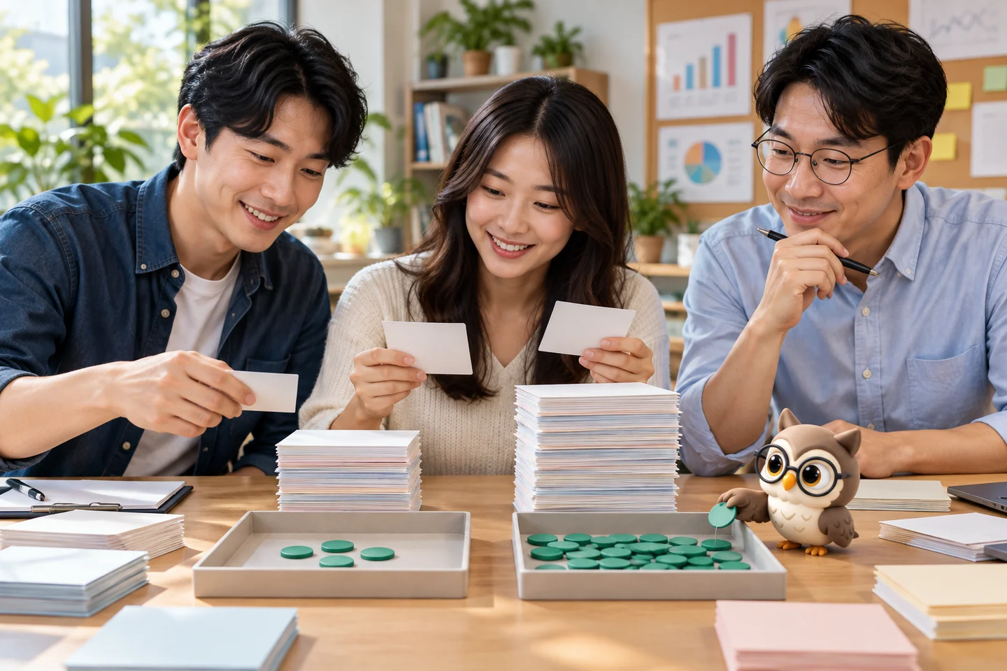 공동 연구실에서 성인 분석가 세 명이 크기가 다른 평가 카드 묶음과 정답 토큰을 비교하고 작은 공식 갈색 안경 올빼미가 큰 묶음 쟁반으로 토큰을 옮기는 장면