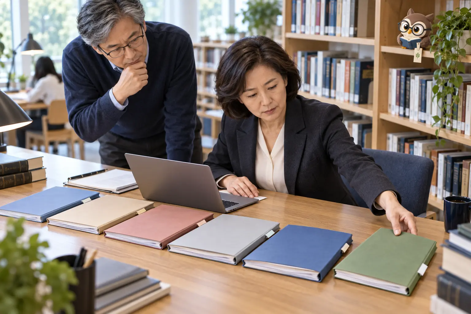 도서관 자료실에서 성인 연구자 두 명이 여섯 문서철의 순서를 살피고 LTCT 안경 올빼미가 책갈피를 든 장면