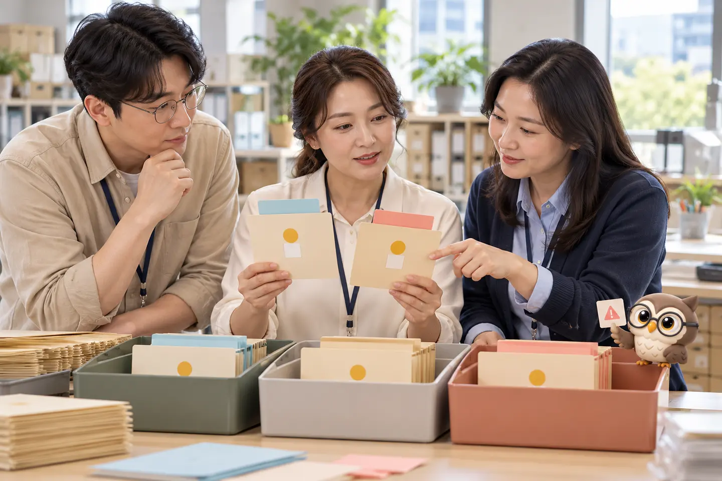 공공 기록 작업실에서 성인 자료 담당자 세 명이 같은 표식의 두 폴더를 비교하고 작은 공식 갈색 안경 올빼미가 충돌 카드를 들어 보이는 장면
