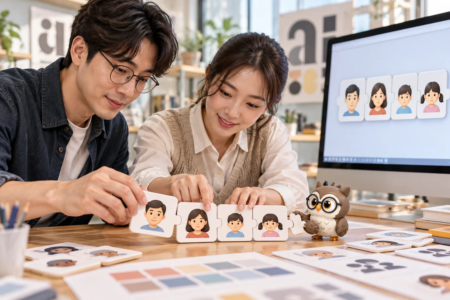 타이포그래피 연구실에서 성인 연구자와 디자이너가 연결된 인물 기호 카드를 한 묶음으로 맞추고 작은 공식 갈색 안경 올빼미가 연결 카드를 돕는 장면