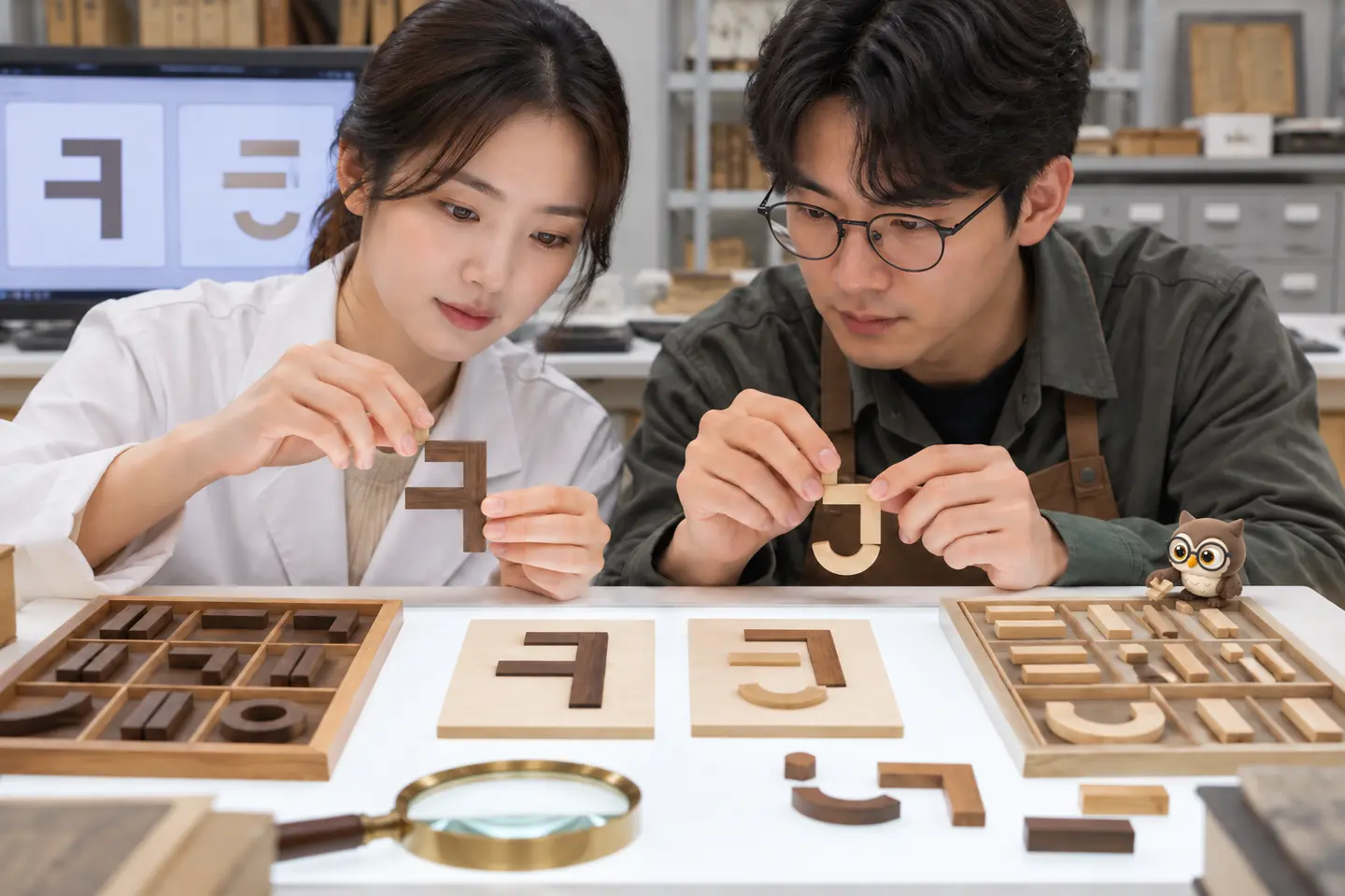 문자 자료실에서 성인 연구자 두 명이 완성형과 자모 조각을 맞추고 작은 공식 갈색 안경 올빼미가 한글 조각을 옮기는 장면