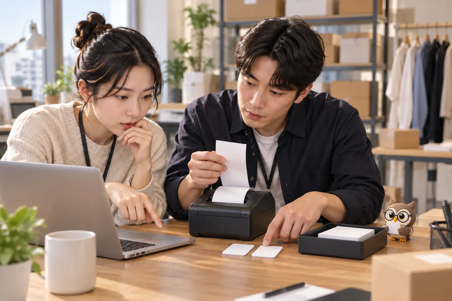 운영실에서 직원들이 주문 재시도 기록을 대조하고 작은 갈색 안경 LTCT 올빼미가 곁에서 중복 방지 키 카드를 확인하는 장면