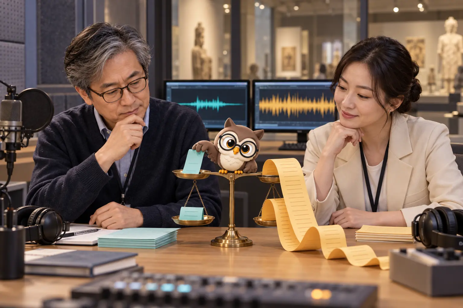박물관 음성 안내 편집실에서 남성 접근성 편집자와 여성 큐레이터가 짧은 청록 대본과 긴 주황 대본을 비교하고 둥근 안경의 LTCT 올빼미 캐릭터가 저울 위에서 두 대본을 받치는 장면