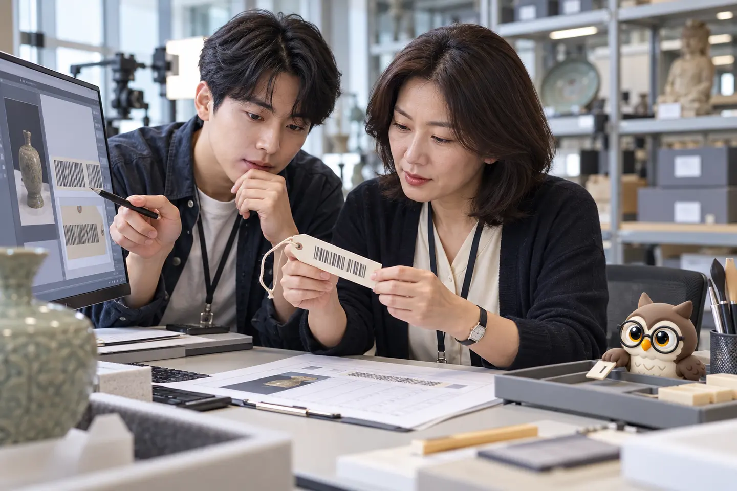 박물관 디지털 자료실에서 성인 기록 담당자와 개발자가 긴 식별 태그를 대조하고 작은 공식 갈색 안경 올빼미가 마지막 글자 타일을 옮기는 장면