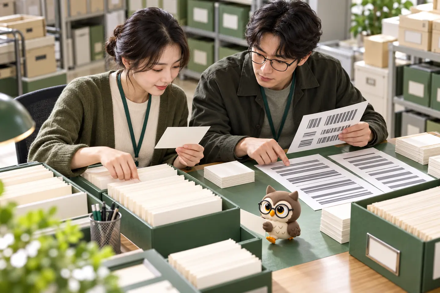 자료 보관실에서 성인 기록 담당자와 데이터 기술자가 빈 식별 카드와 줄무늬 표식을 비교하고 작은 공식 갈색 안경 올빼미가 카드를 분류함으로 옮기는 장면