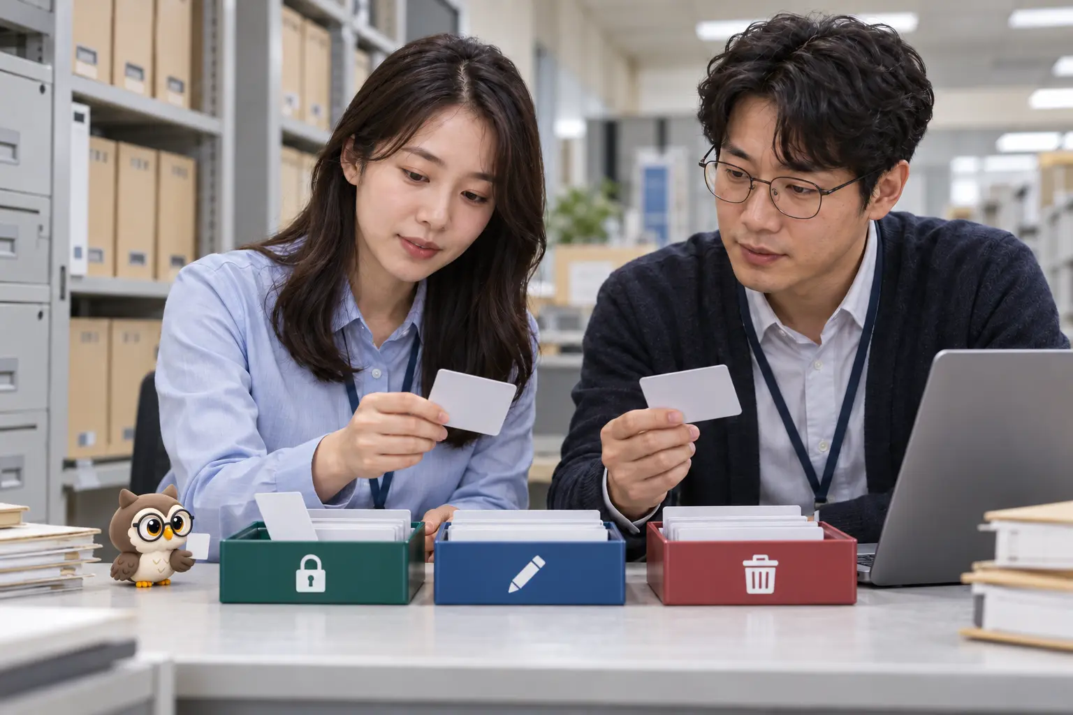기록 보관실에서 직장인들이 AI 도구 권한 카드를 분류하고 작은 갈색 안경 LTCT 올빼미가 곁에서 읽기 전용 카드를 옮기는 장면