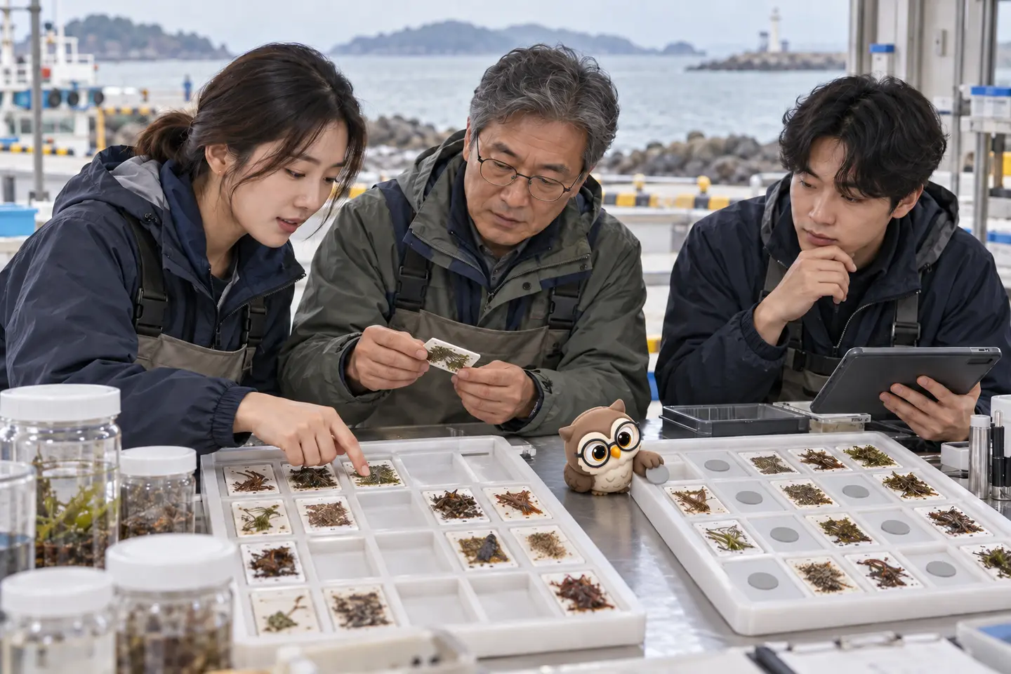 해안 환경 관측소에서 성인 연구자 세 명이 빈칸이 있는 표본 쟁반을 비교하고 작은 공식 갈색 안경 올빼미가 결측 표식을 쟁반으로 옮기는 장면