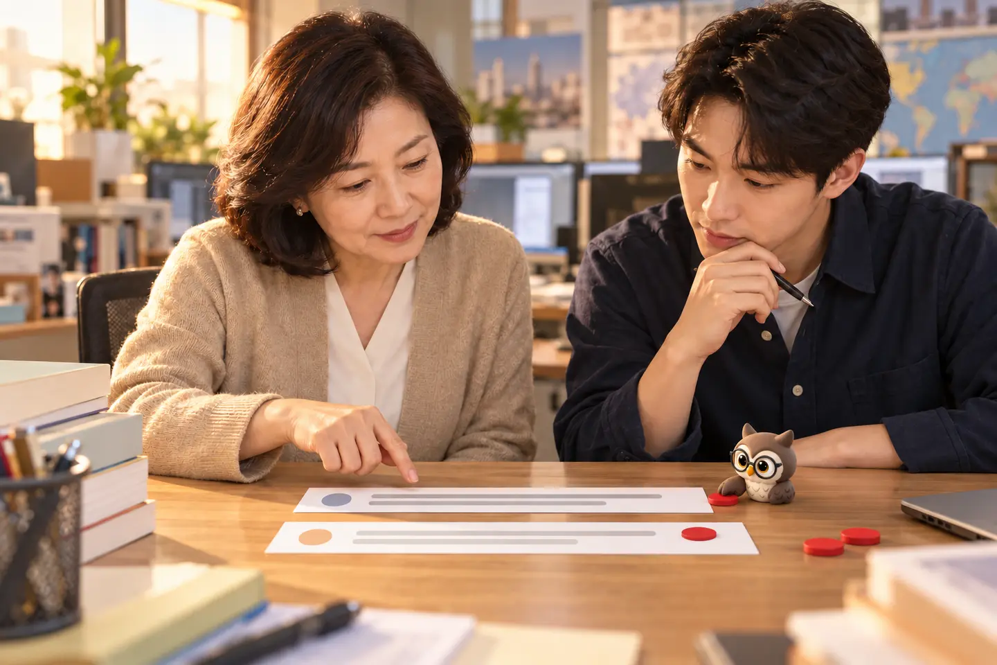 번역 편집실에서 성인 번역가 두 명이 나란한 문장 띠의 부정 표지를 대조하고 작은 공식 갈색 안경 올빼미가 빨간 표지 토큰을 옮기는 장면